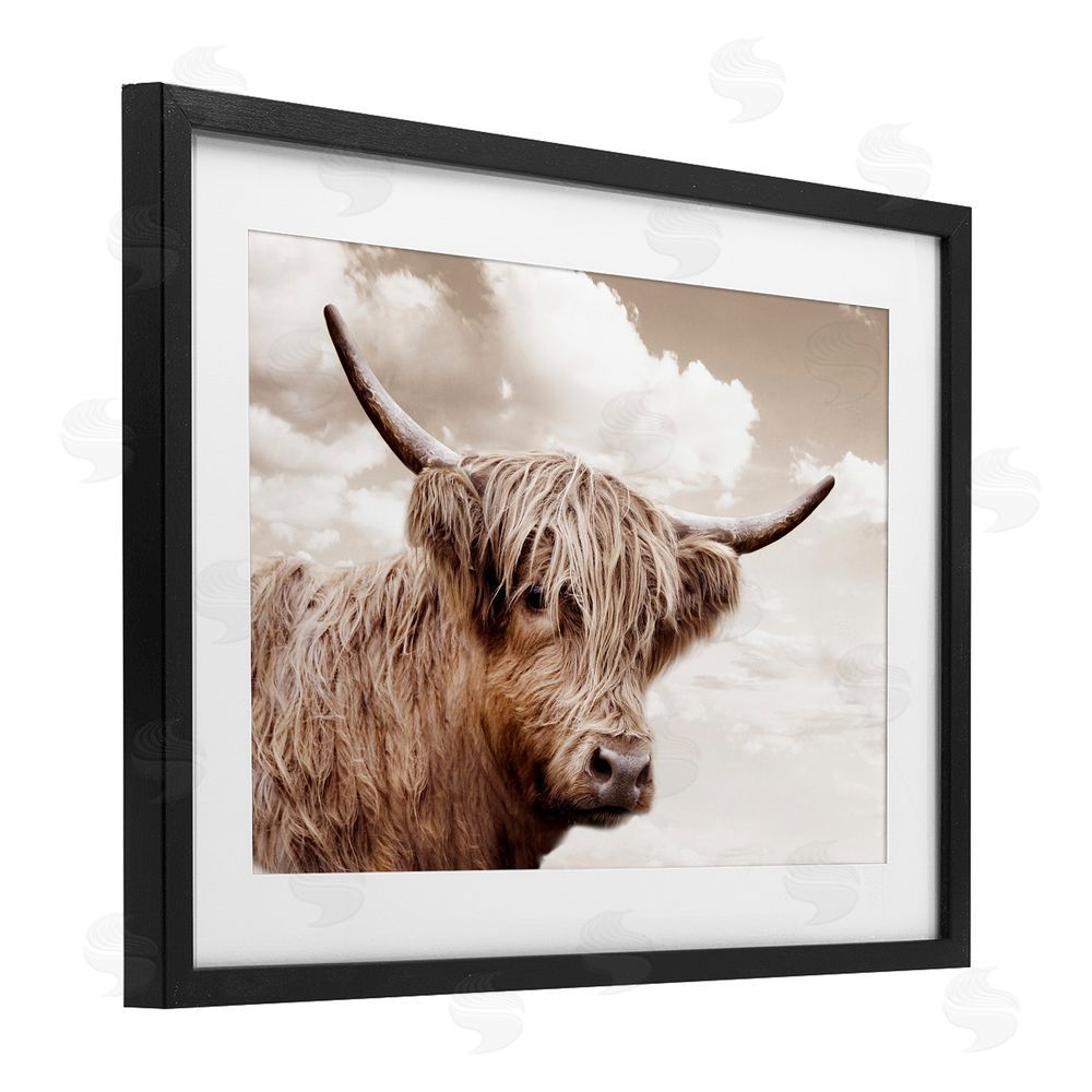 CAD Designs Shaggy Highland Cow & Clouds Black Framed Print Under Glass Wall Art