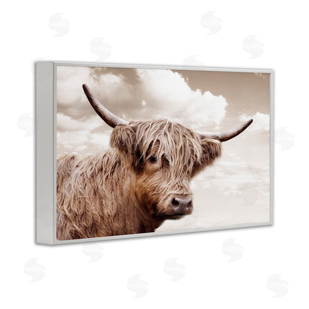CAD Designs Shaggy Highland Cow & Clouds White Framed Giclee Wall Art Print