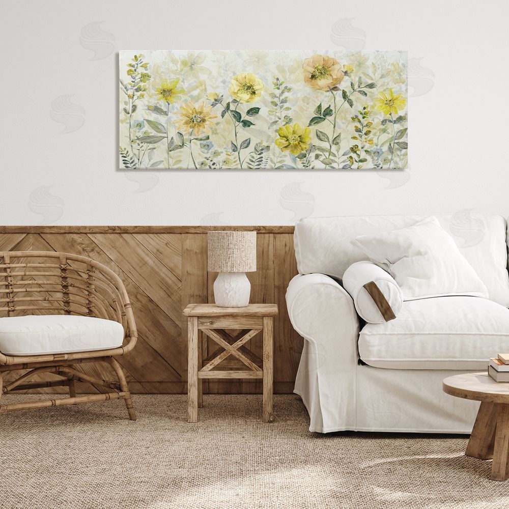 Sally Swatland Yellow Buttercup Garden Stretched Canvas Wall Art Print in Room
