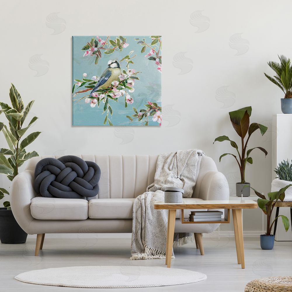 Sally Swatland Songbird Perched on Blooms Stretched Canvas Wall Art in Room