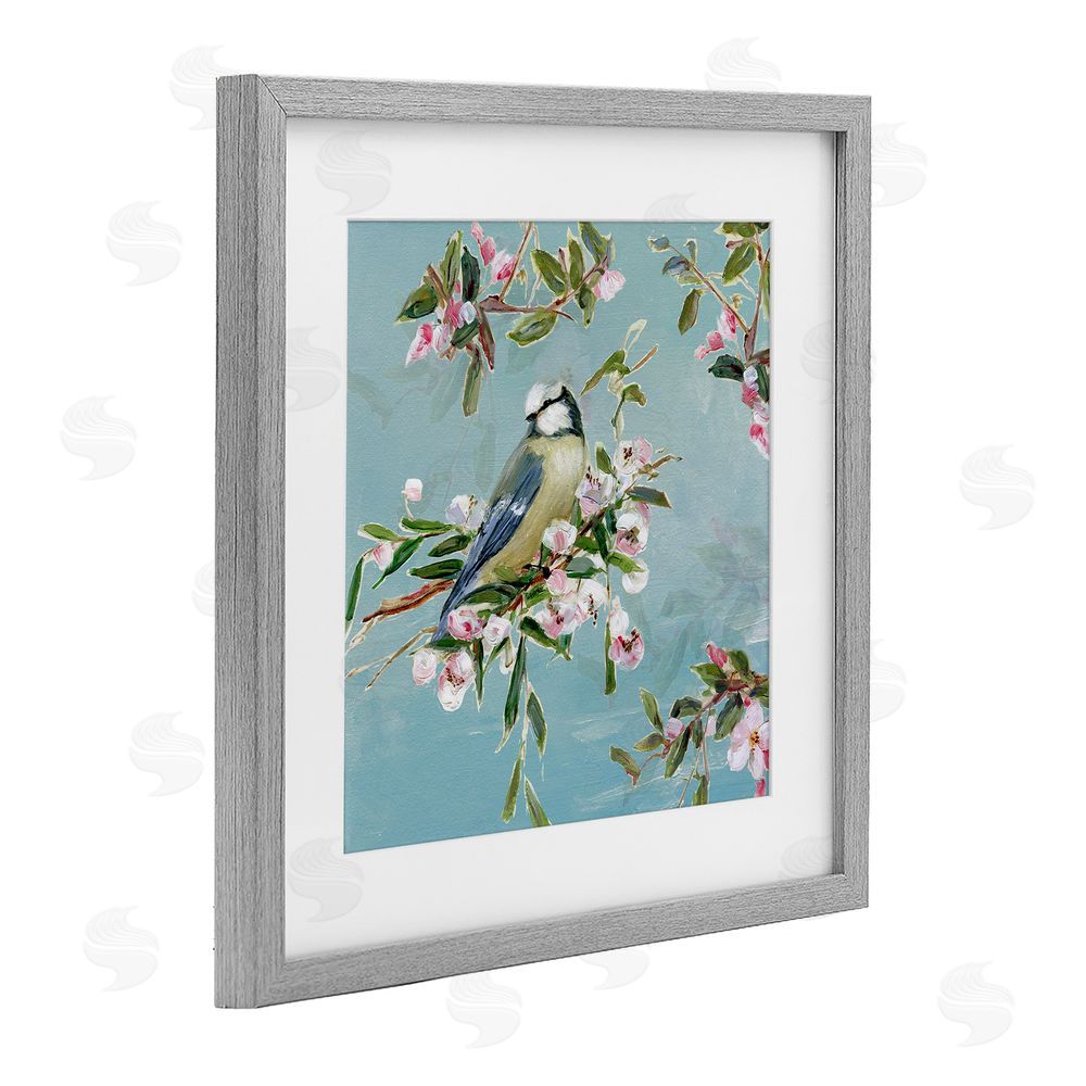 Sally Swatland Songbird Perched on Blooms Gray Framed Print Under Glass Wall Art