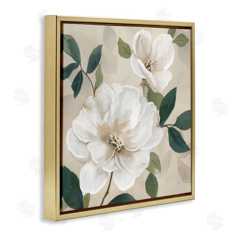 Nan Serene White Magnolia Study Gold Floating Frame Canvas Wall Art Print