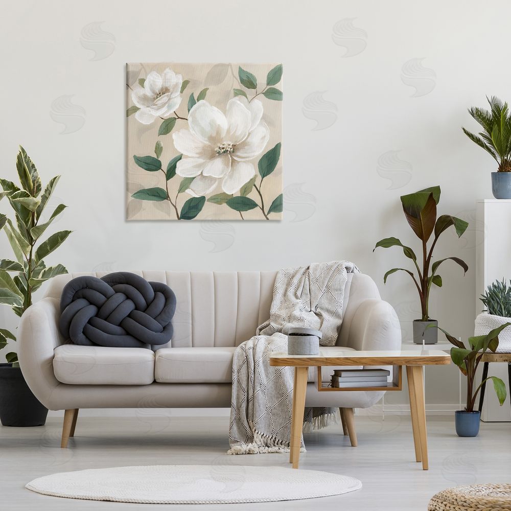 Nan Serene White Blossom with Leaves Stretched Canvas Wall Art in Room