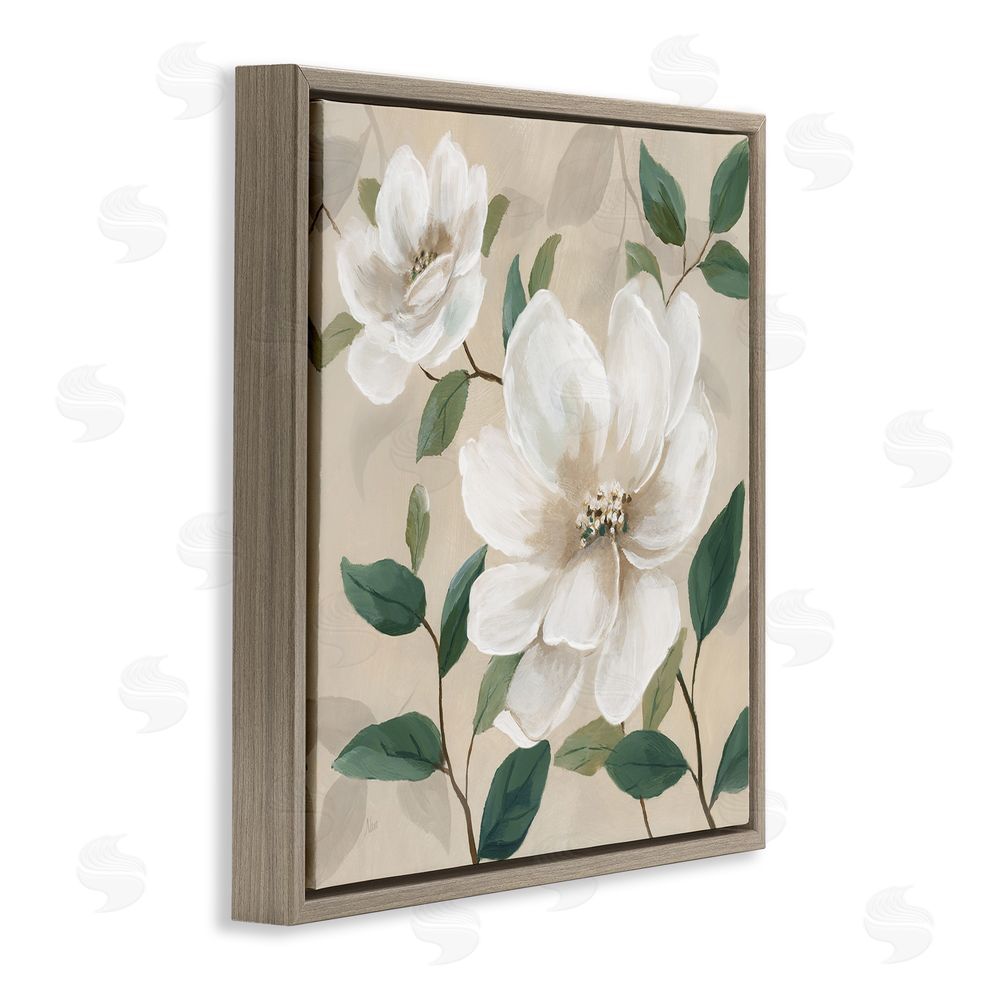 Nan Serene White Blossom with Leaves Brown Floating Frame Canvas Wall Art Print