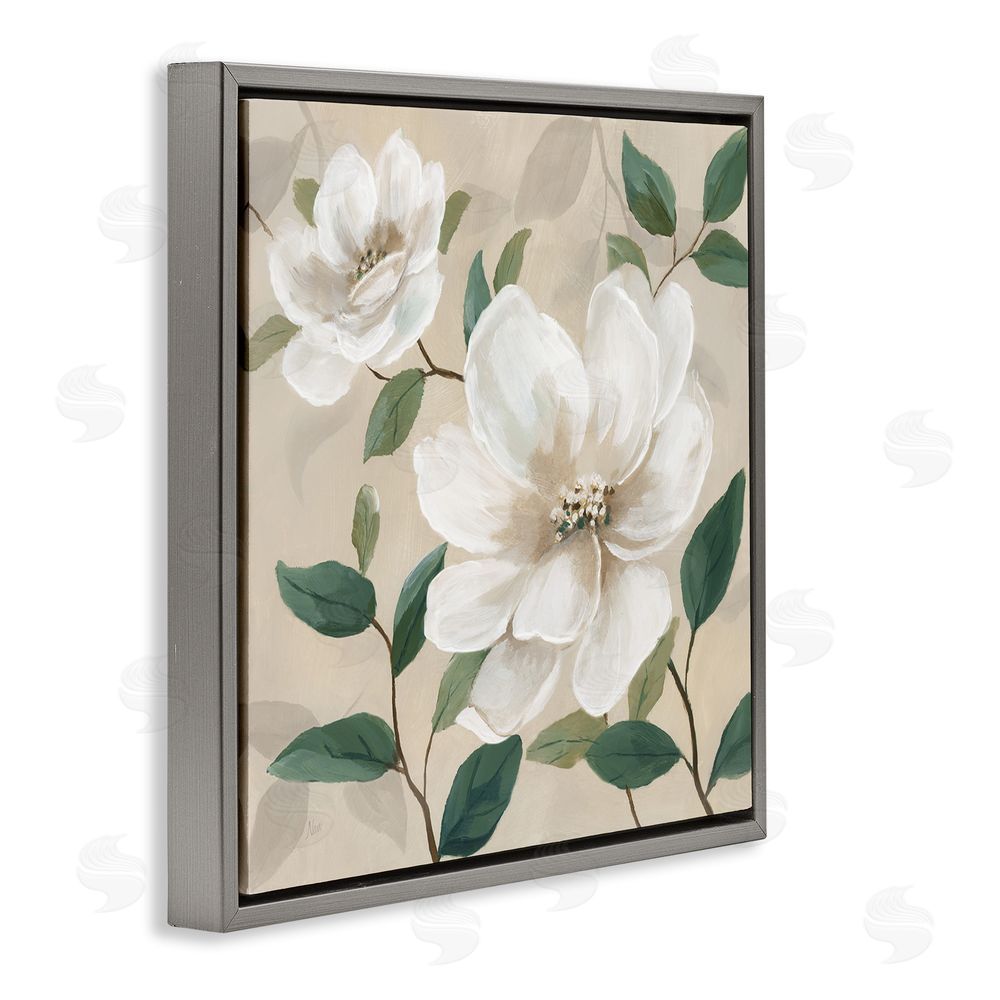 Nan Serene White Blossom with Leaves Gray Floating Frame Canvas Wall Art Print