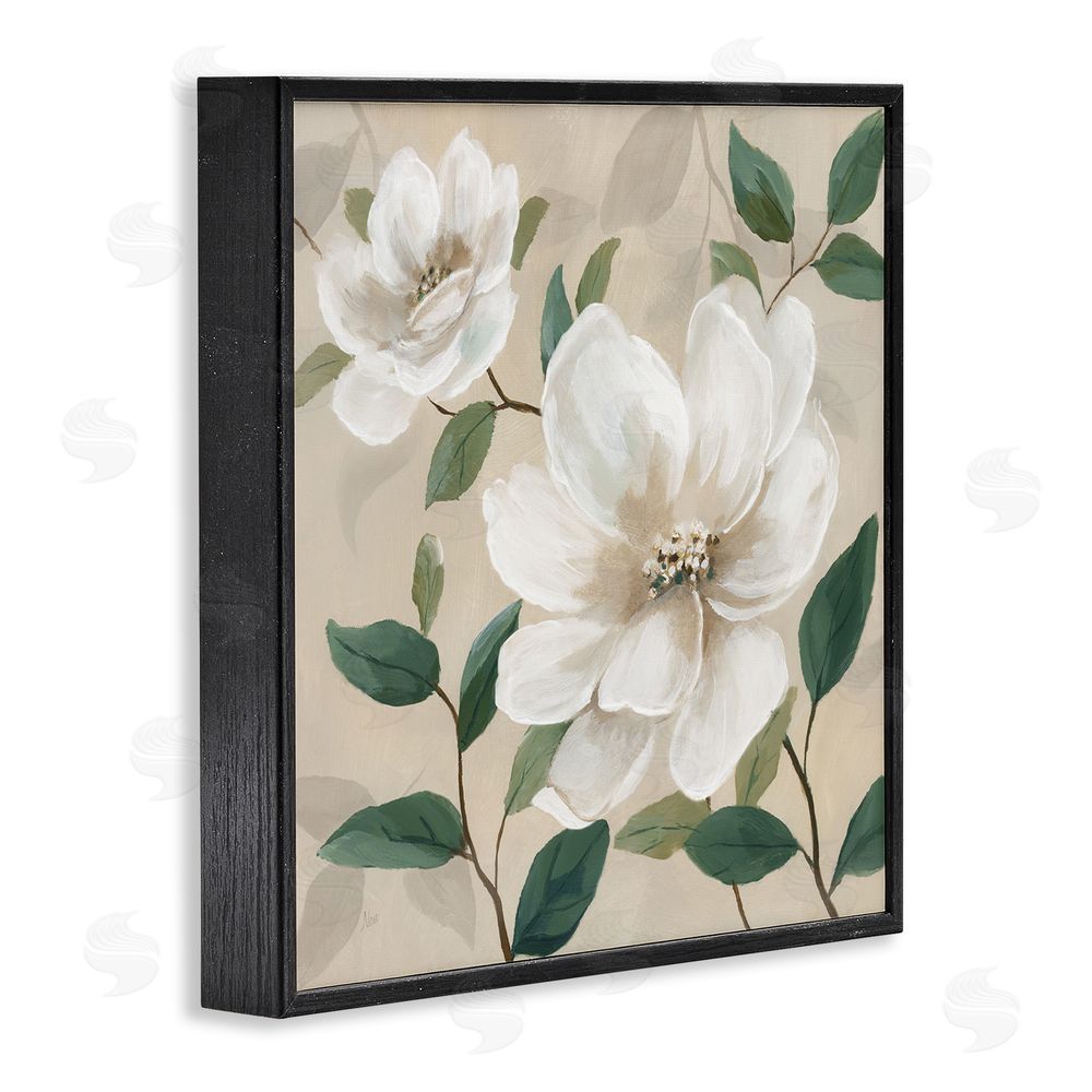 Nan Serene White Blossom with Leaves Black Framed Giclee Wall Art Print