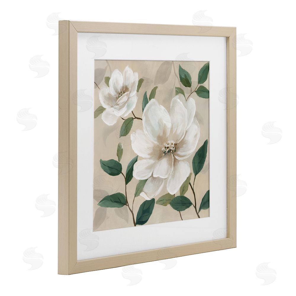 Nan Serene White Blossom with Leaves Brown Framed Print Under Glass Wall Art