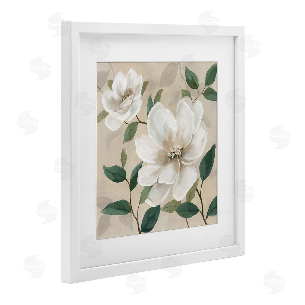Nan Serene White Blossom with Leaves White Framed Print Under Glass Wall Art