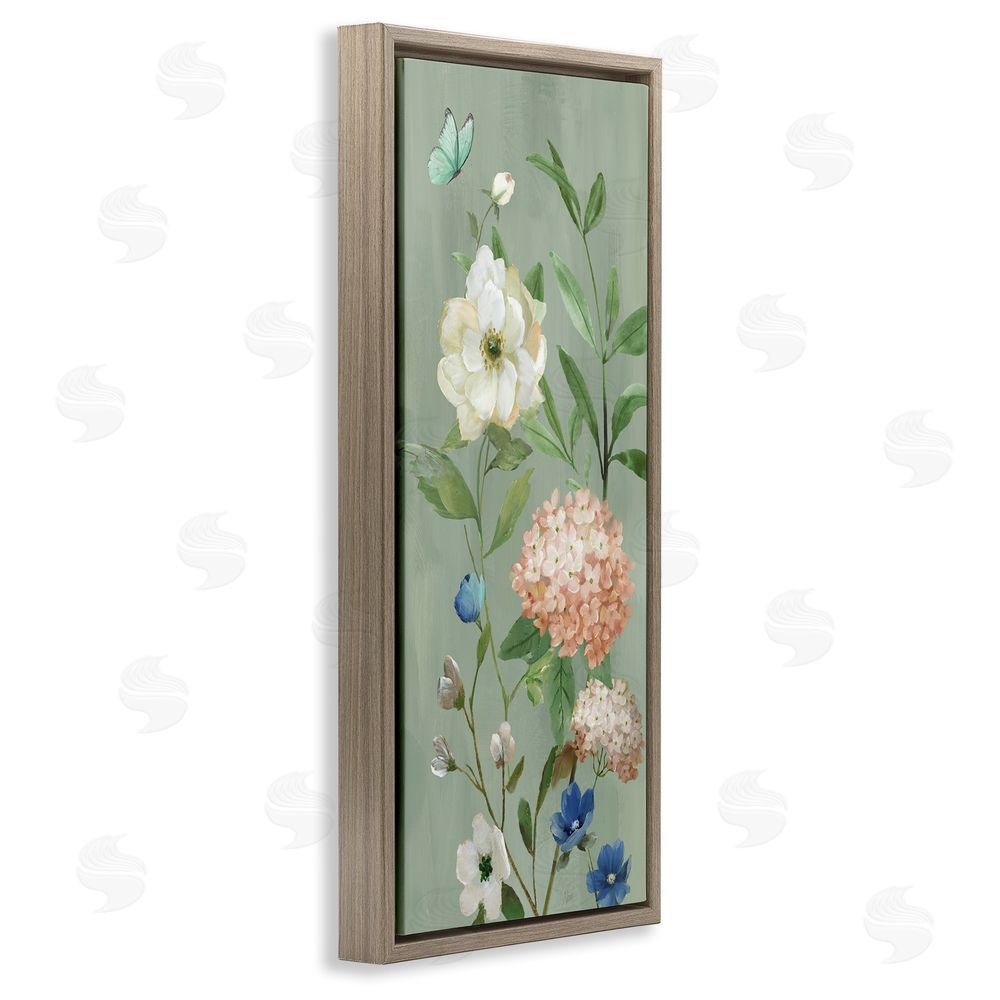 Nan Mint Floral Cluster & Butterfly Brown Floating Frame Canvas Wall Art Print