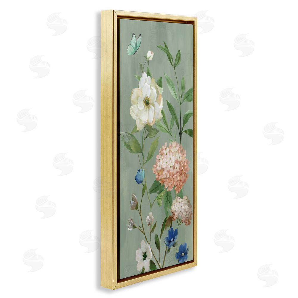 Nan Mint Floral Cluster & Butterfly Gold Floating Frame Canvas Wall Art Print