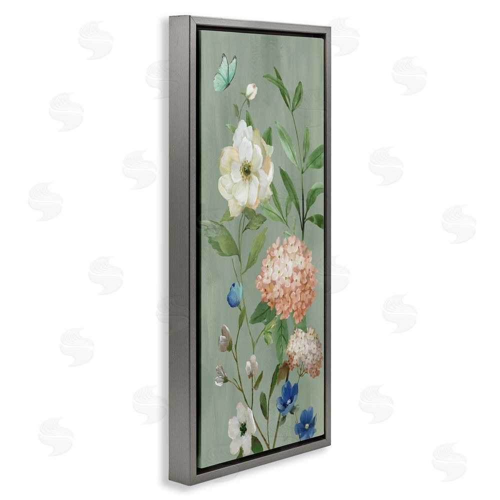 Nan Mint Floral Cluster & Butterfly Gray Floating Frame Canvas Wall Art Print