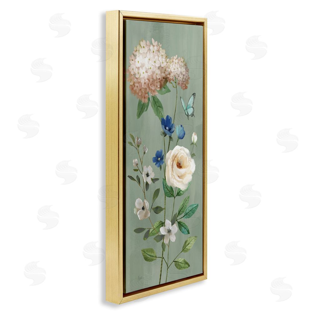 Nan Hydrangea & Rose with Butterfly Gold Floating Frame Canvas Wall Art Print