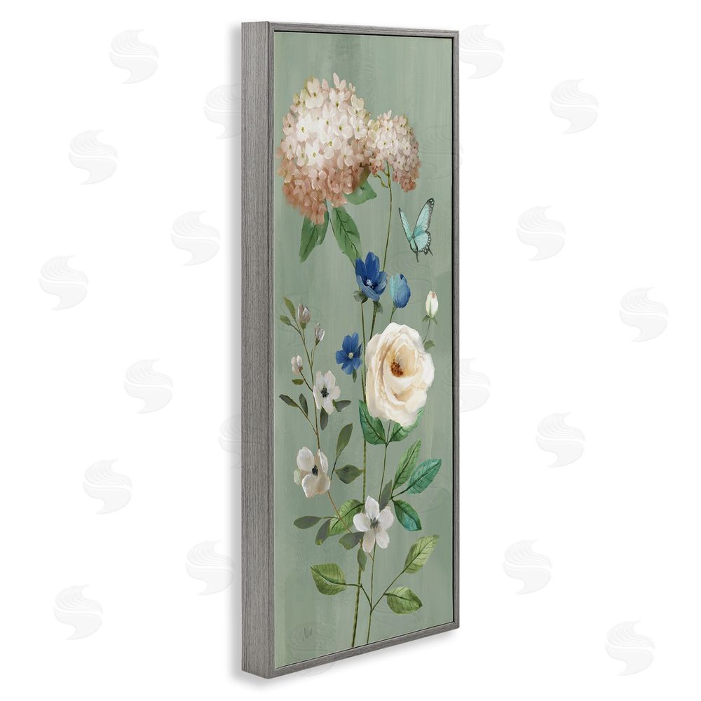 Nan Hydrangea & Rose with Butterfly Gray Framed Giclee Wall Art Print