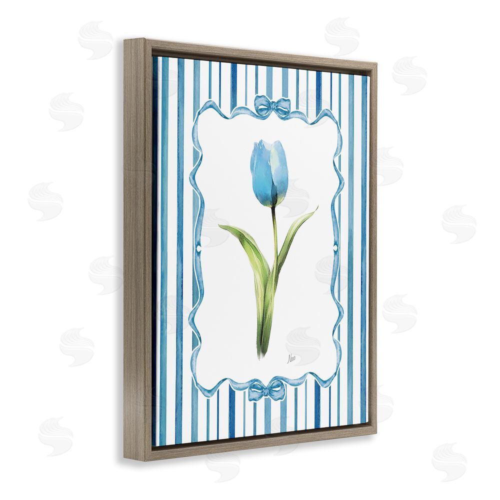 Nan Single Blue Tulip Stripes Brown Floating Frame Canvas Wall Art Print