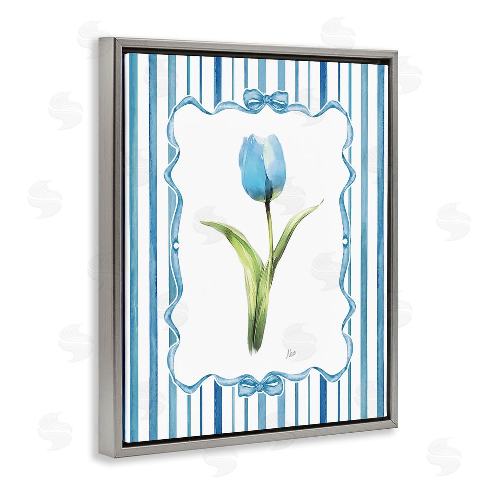 Nan Single Blue Tulip Stripes Gray Floating Frame Canvas Wall Art Print