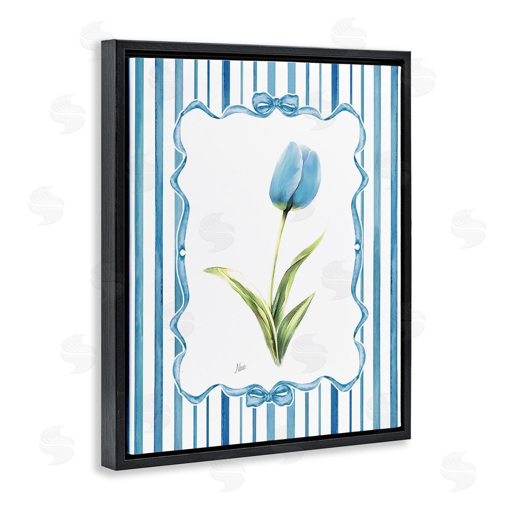Nan Blue Tulip & Ribbon Border Black Floating Frame Canvas Wall Art Print