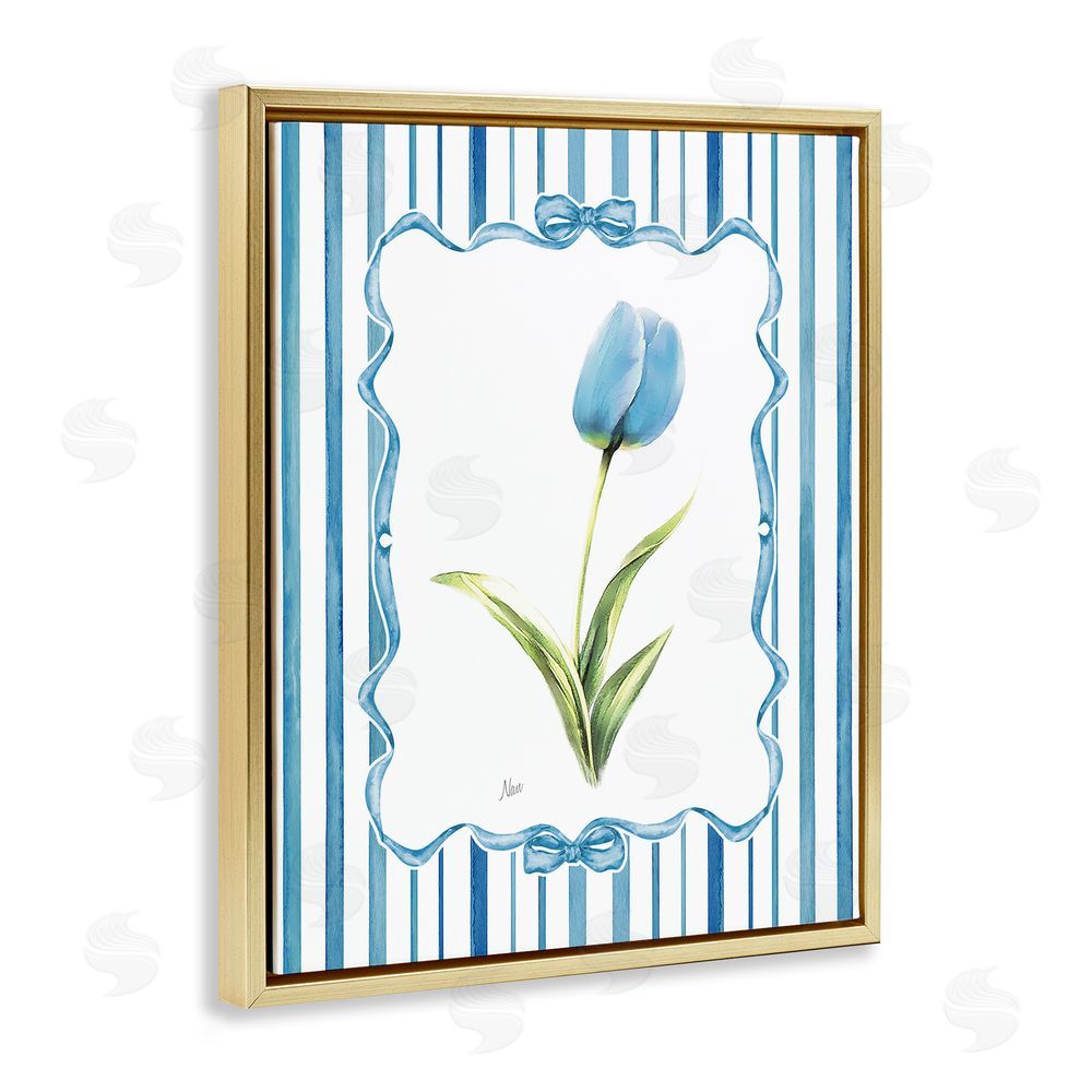 Nan Blue Tulip & Ribbon Border Gold Floating Frame Canvas Wall Art Print