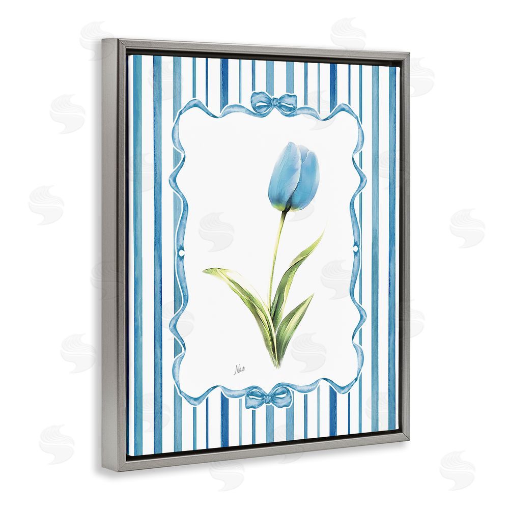 Nan Blue Tulip & Ribbon Border Gray Floating Frame Canvas Wall Art Print