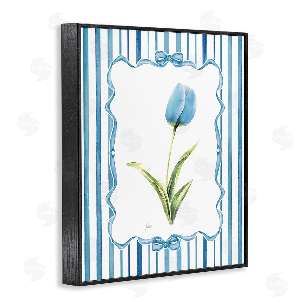 Nan Blue Tulip & Ribbon Border Black Framed Giclee Wall Art Print