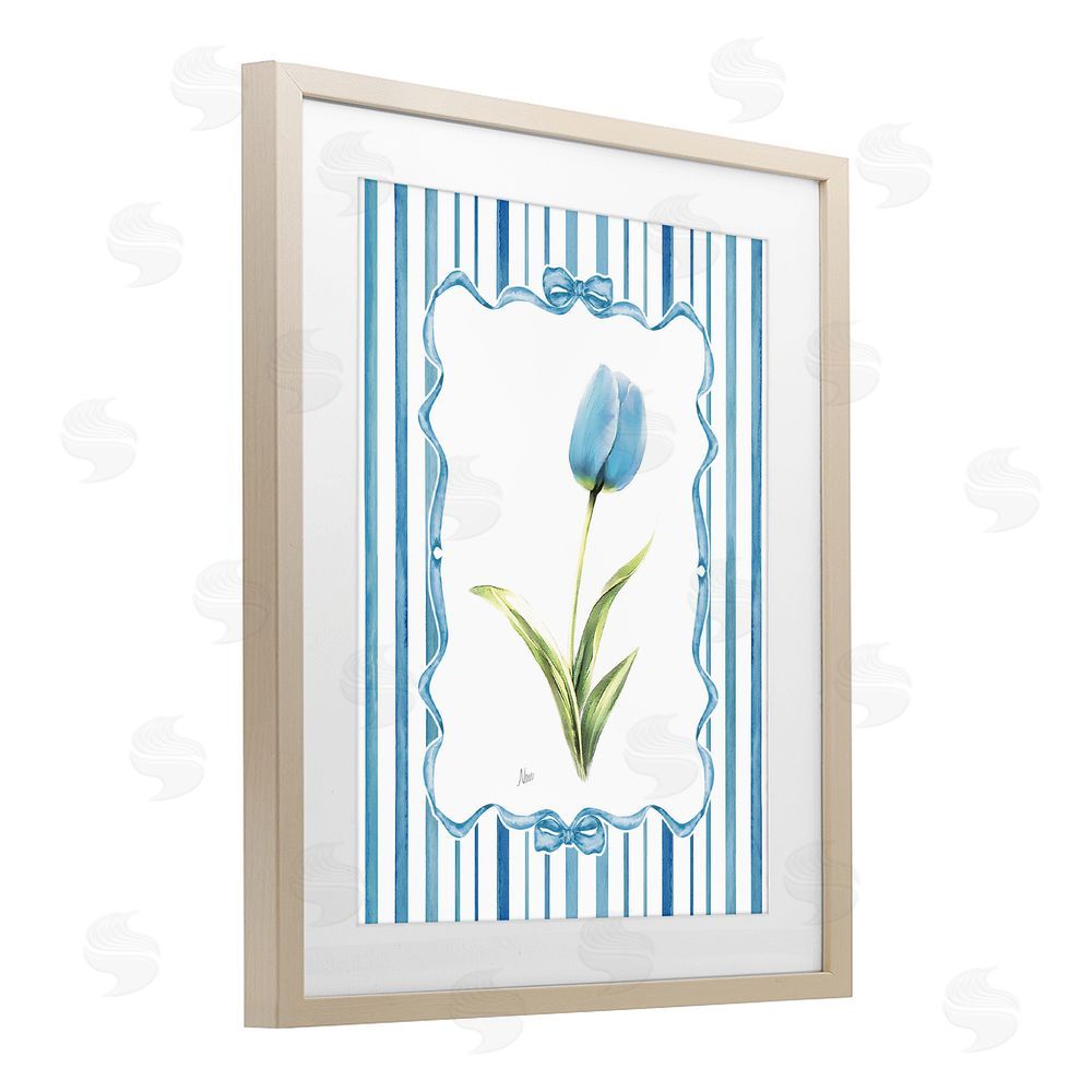 Nan Blue Tulip & Ribbon Border Brown Framed Print Under Glass Wall Art