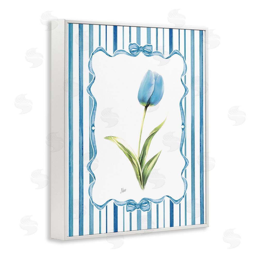 Nan Blue Tulip & Ribbon Border White Framed Giclee Wall Art Print