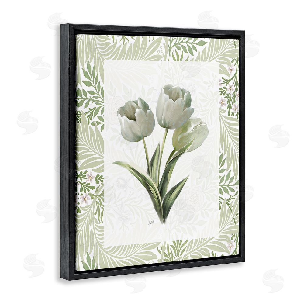 Nan Pale Green Tulip Trio Black Floating Frame Canvas Wall Art Print