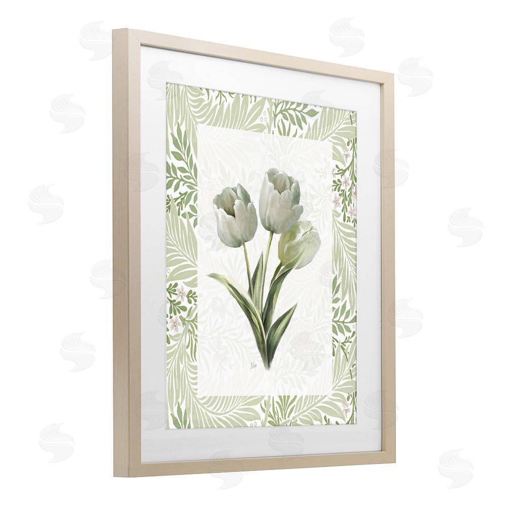 Nan Pale Green Tulip Trio Brown Framed Print Under Glass Wall Art