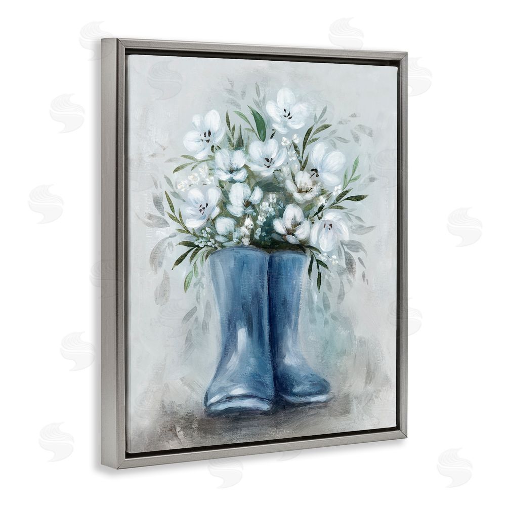 Kristen Brockmon Botanical Bouquet in Blue Boots Gray Floating Frame Canvas Wall Art Print