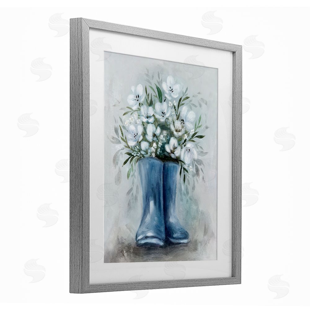 Kristen Brockmon Botanical Bouquet in Blue Boots Gray Framed Print Under Glass Wall Art