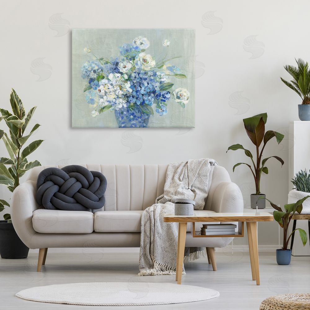 Sally Swatland Serene Blue And White Bouquet Stretched Canvas Wall Art in Room