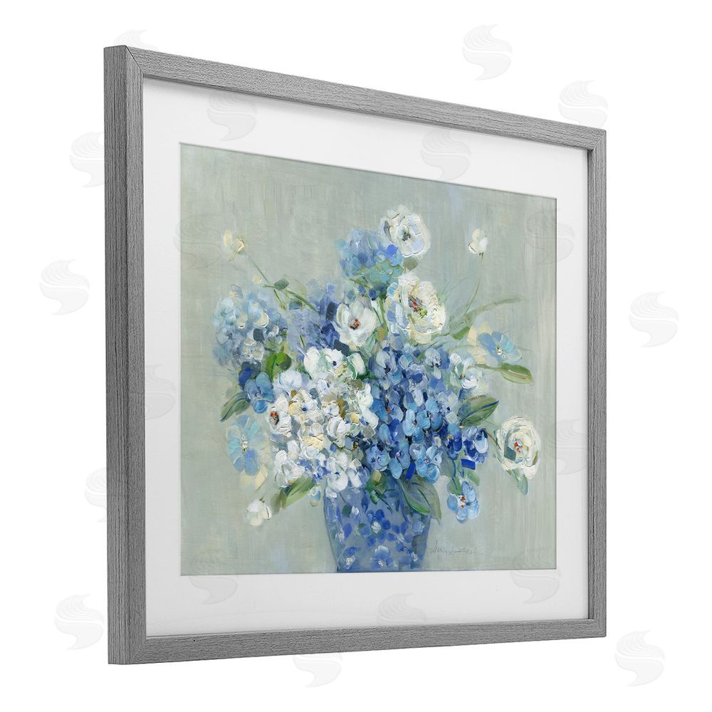 Sally Swatland Serene Blue And White Bouquet Gray Framed Print Under Glass Wall Art