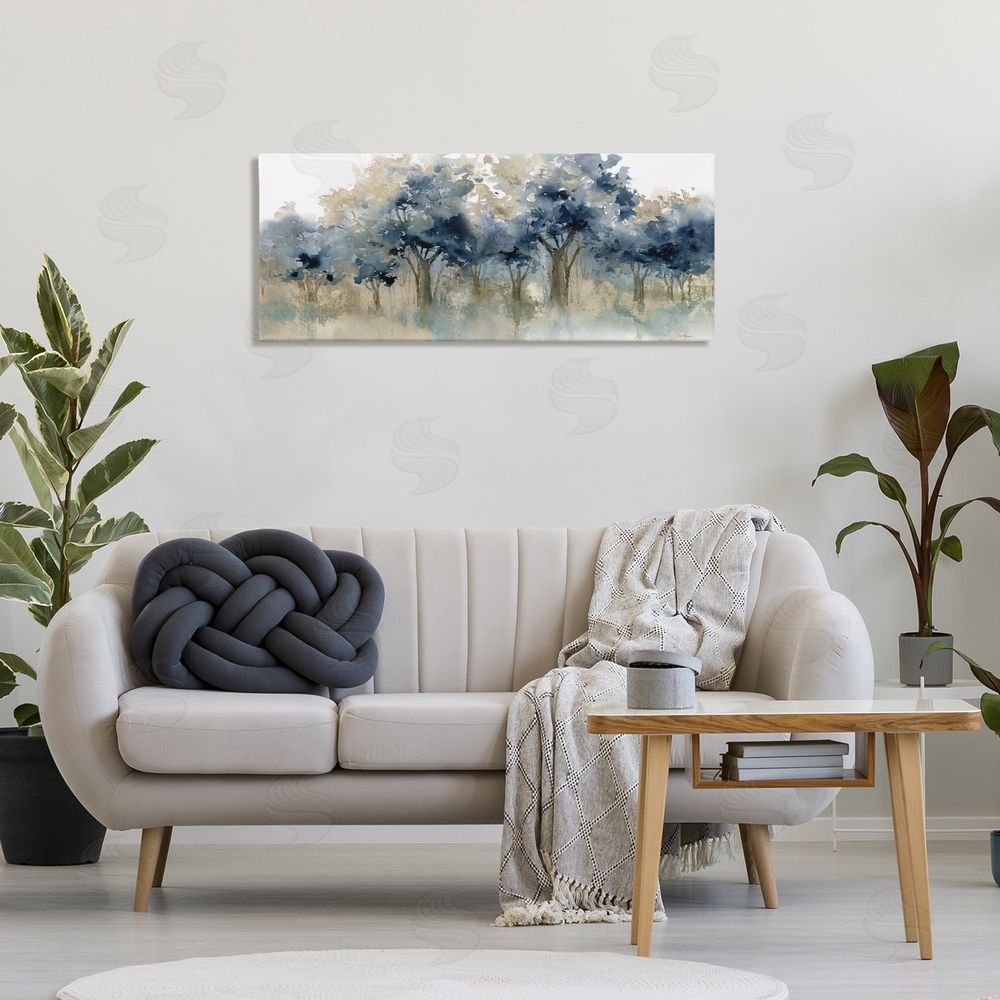 Carol Robinson Indigo Woodland Watercolor Study Stretched Canvas Wall Art in Room