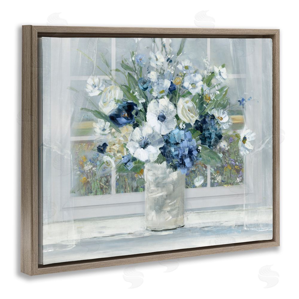 Sally Swatland Blue Hydrangea & Anemone Bouquet Brown Floating Frame Canvas Wall Art Print