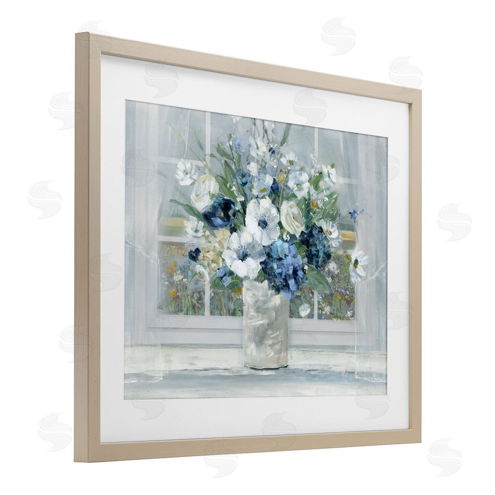 Sally Swatland Blue Hydrangea & Anemone Bouquet Brown Framed Print Under Glass Wall Art