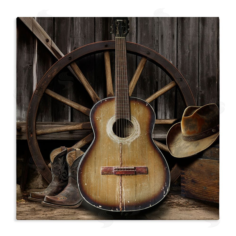 CAD Designs Rustic Western Guitar with Hat Stretched Canvas Wall Art Print