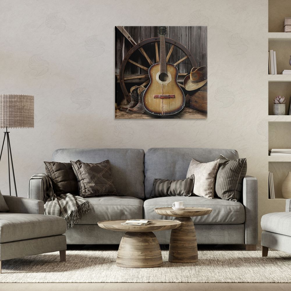 CAD Designs Rustic Western Guitar with Hat Stretched Canvas Wall Art in Room