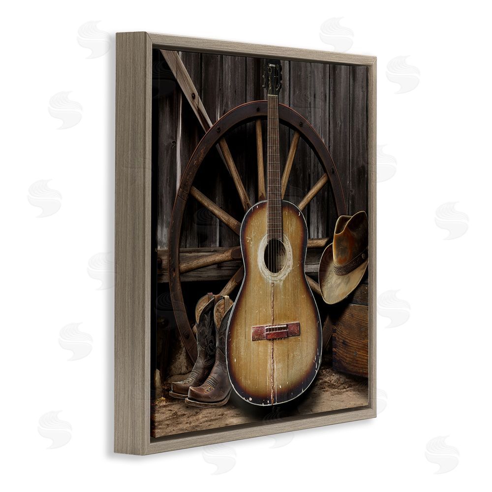 CAD Designs Rustic Western Guitar with Hat Brown Floating Frame Canvas Wall Art Print