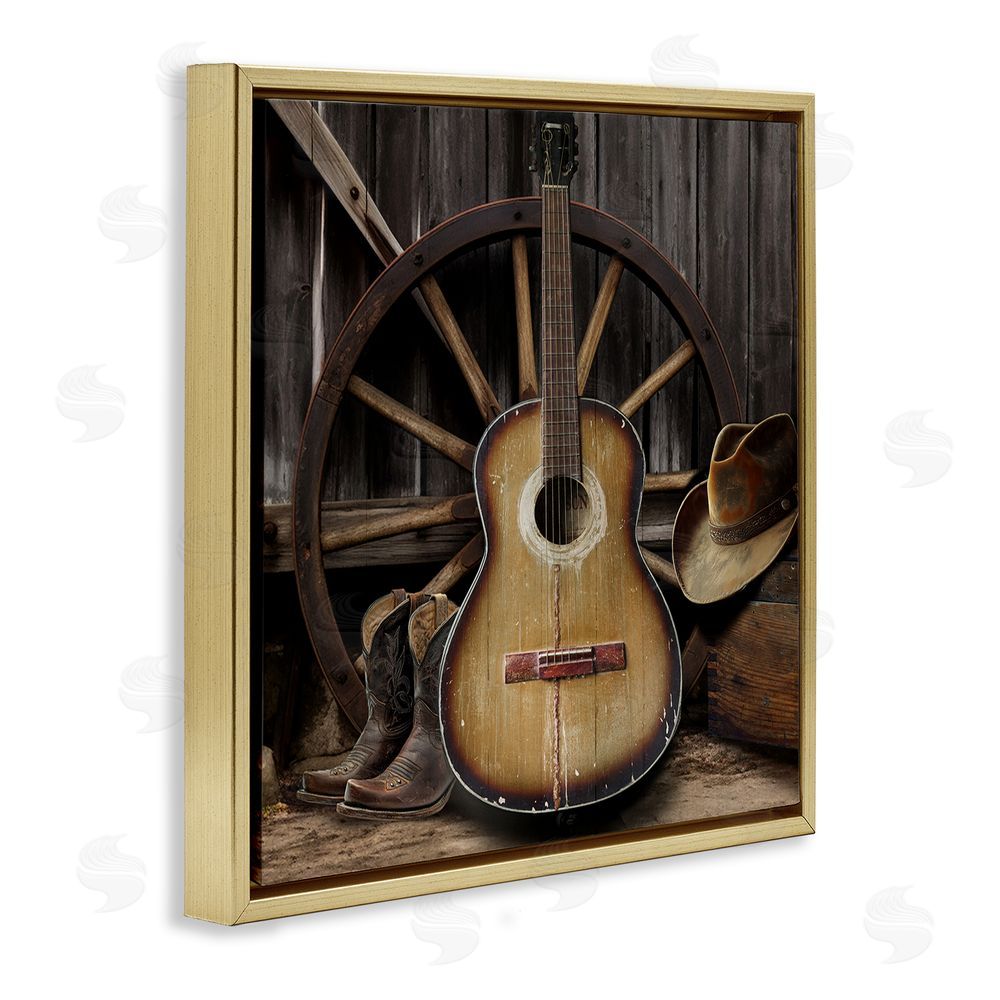 CAD Designs Rustic Western Guitar with Hat Gold Floating Frame Canvas Wall Art Print
