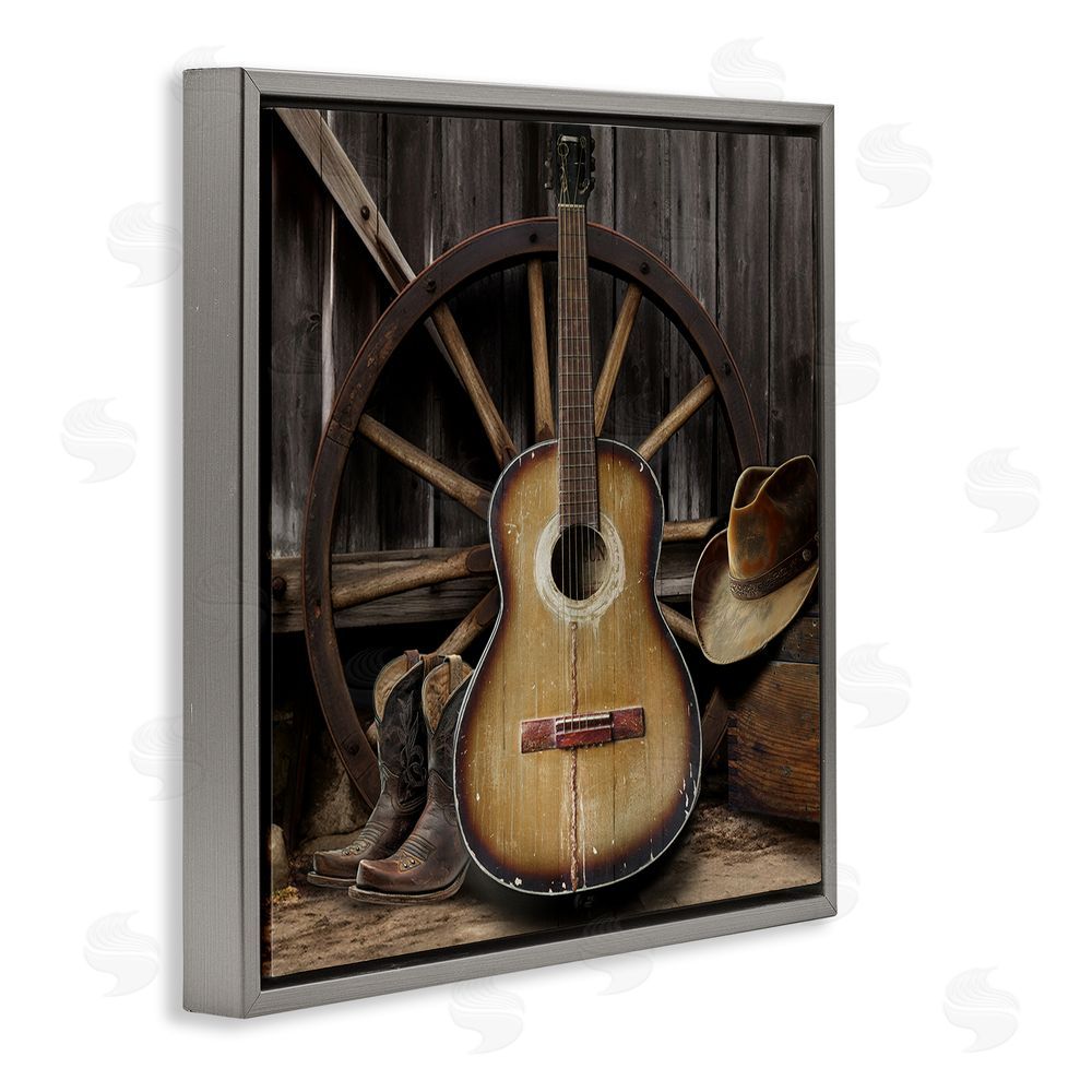 CAD Designs Rustic Western Guitar with Hat Gray Floating Frame Canvas Wall Art Print