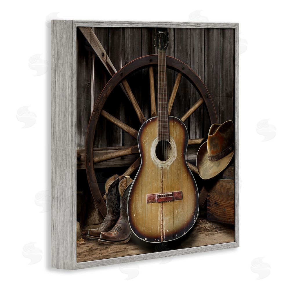 CAD Designs Rustic Western Guitar with Hat Gray Framed Giclee Wall Art Print