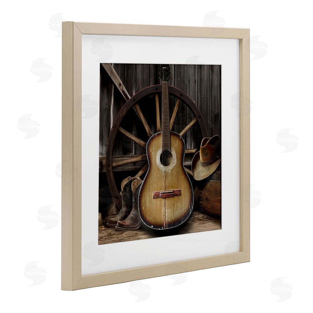 CAD Designs Rustic Western Guitar with Hat Brown Framed Print Under Glass Wall Art