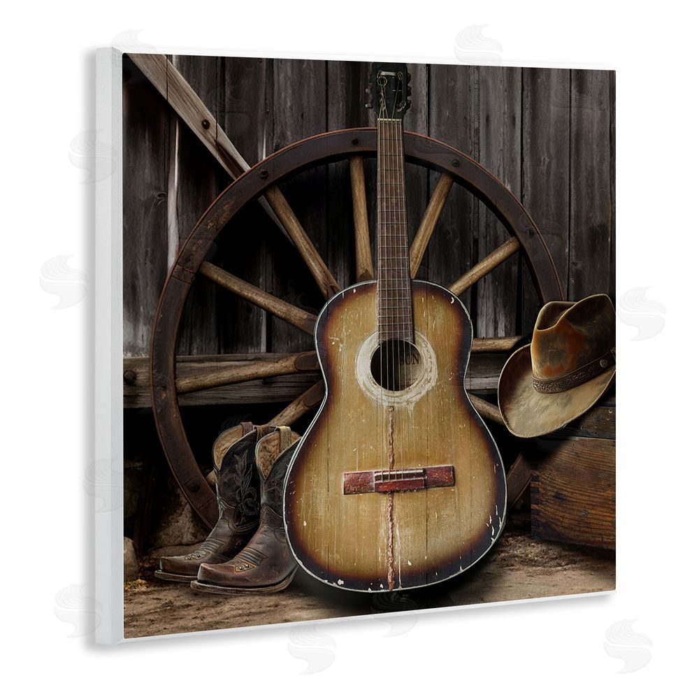 CAD Designs Rustic Western Guitar with Hat Wooden Wall Plaque Art Print