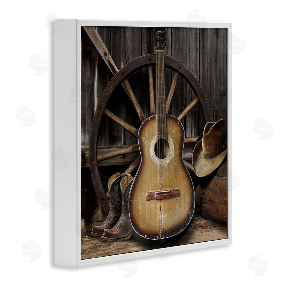 CAD Designs Rustic Western Guitar with Hat White Framed Giclee Wall Art Print