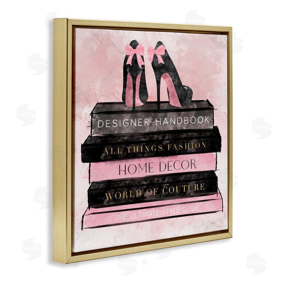 Natalie Carpentieri All Things Fashion Book Stack Gold Floating Frame Canvas Wall Art Print