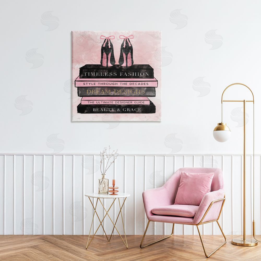 Natalie Carpentieri Blush Fashion Book Stack Stretched Canvas Wall Art in Room