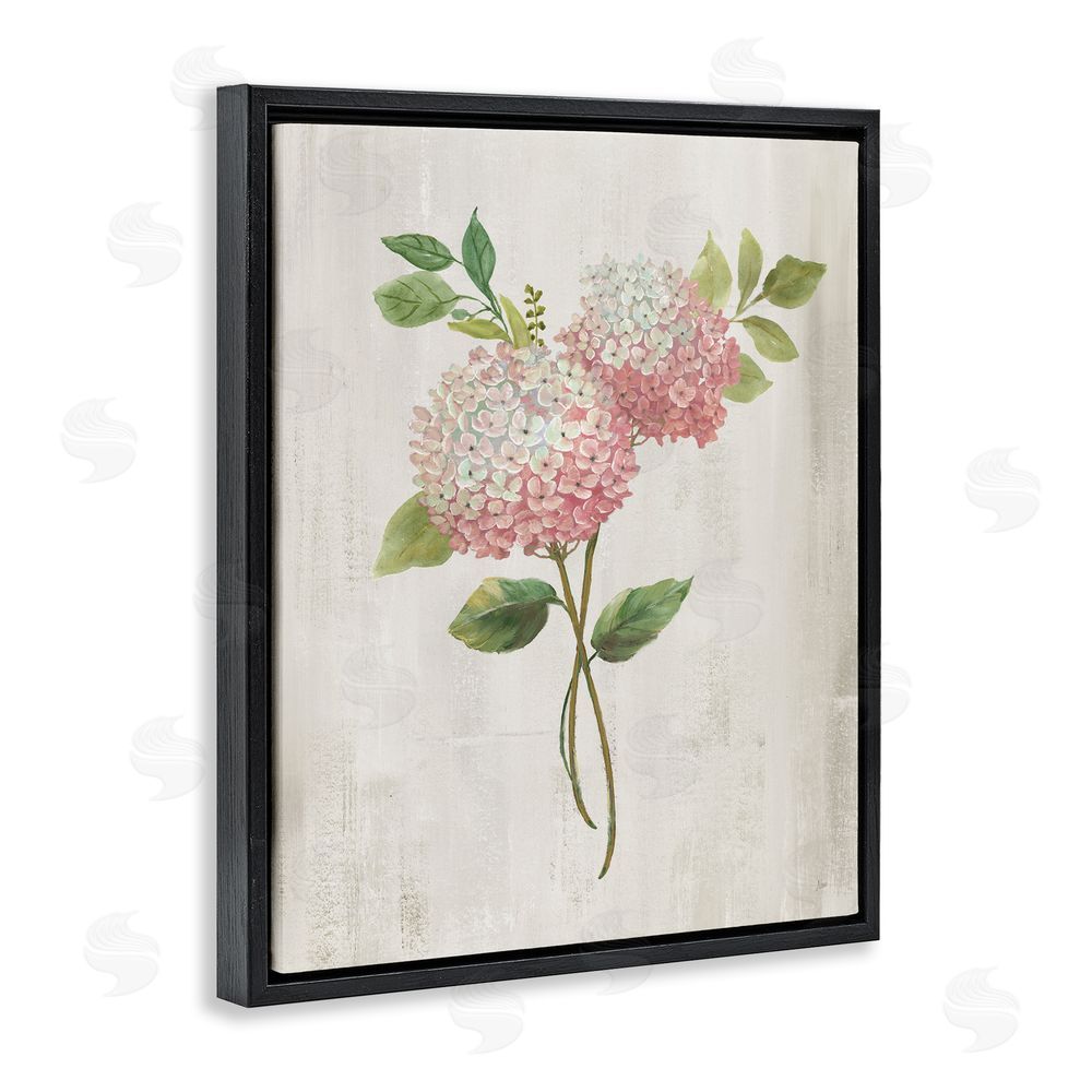 Nan Pink Hydrangea Paired Stems Black Floating Frame Canvas Wall Art Print