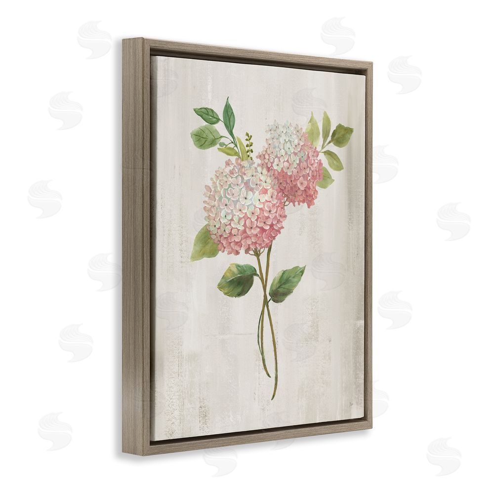 Nan Pink Hydrangea Paired Stems Brown Floating Frame Canvas Wall Art Print