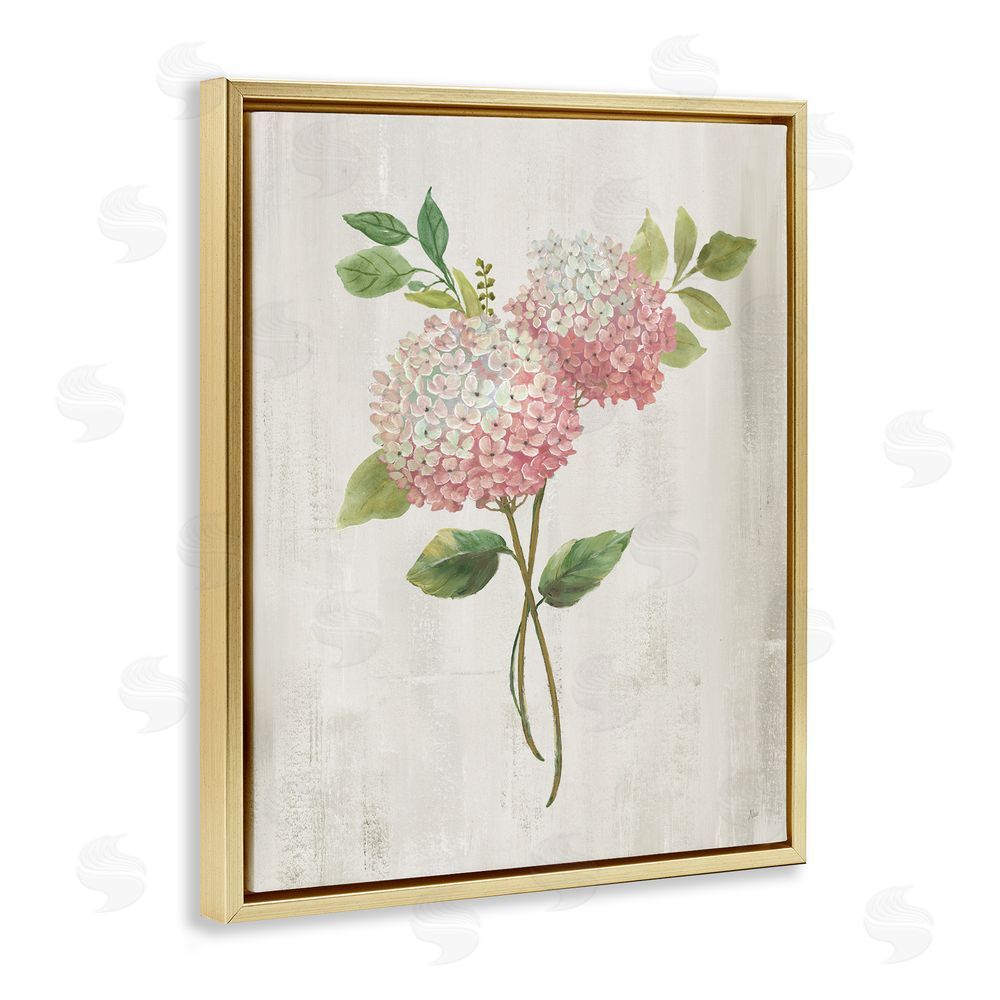 Nan Pink Hydrangea Paired Stems Gold Floating Frame Canvas Wall Art Print