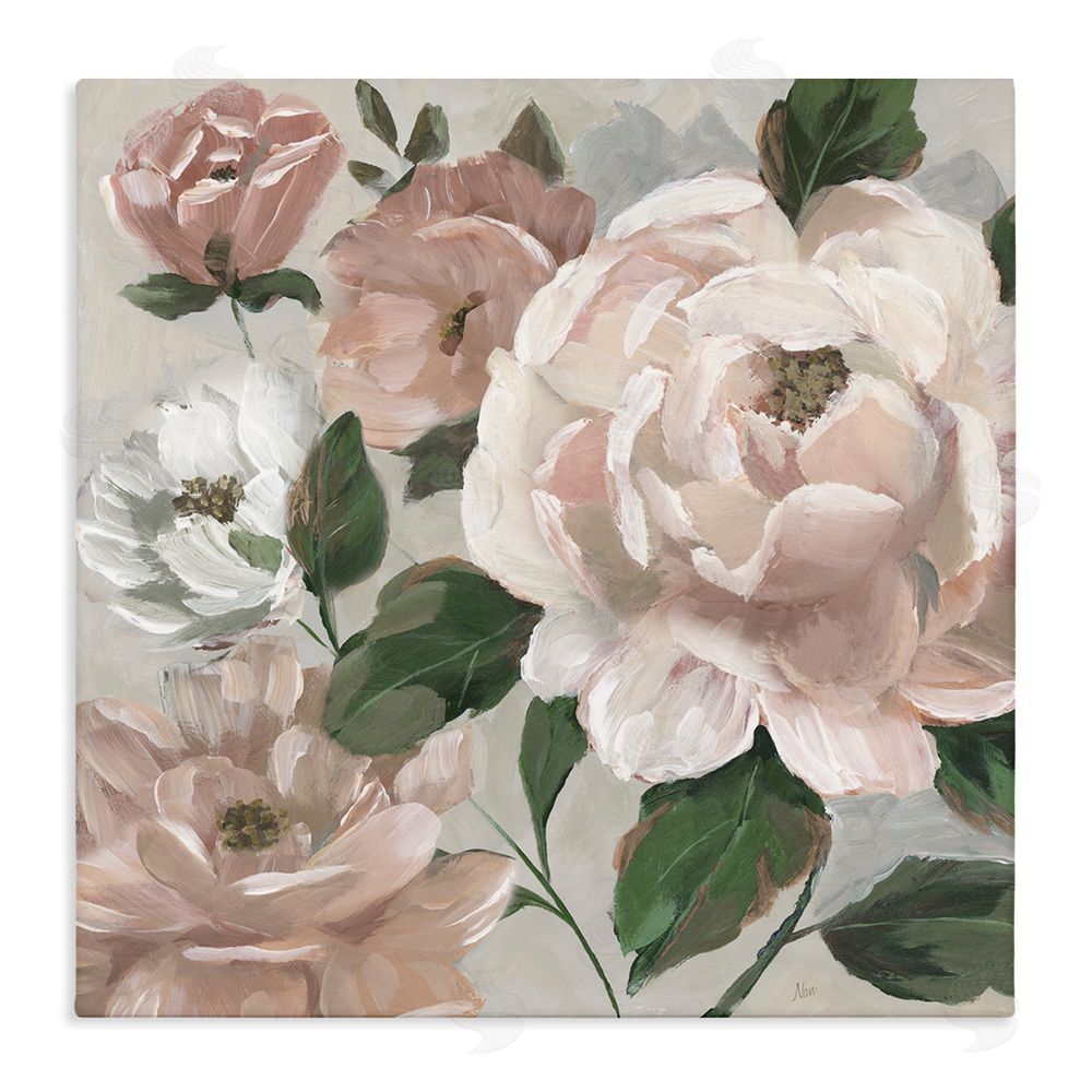 Nan Delicate Blush Peonies with Leaves Stretched Canvas Wall Art Print