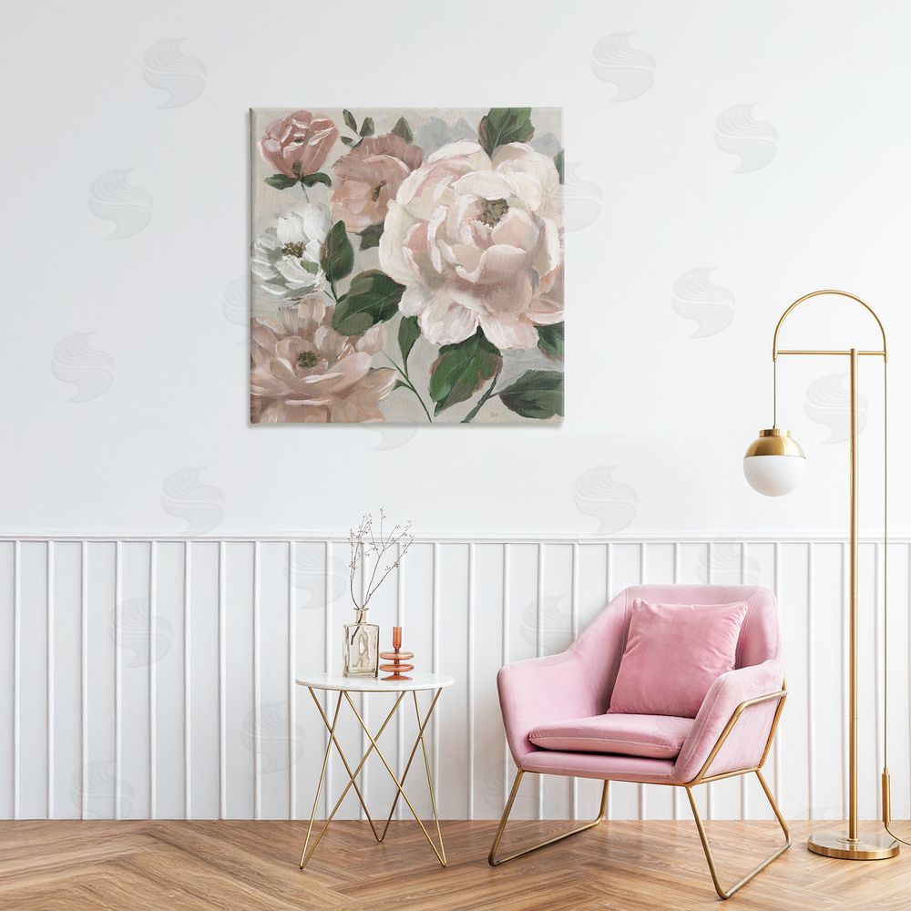 Nan Delicate Blush Peonies with Leaves Stretched Canvas Wall Art in Room